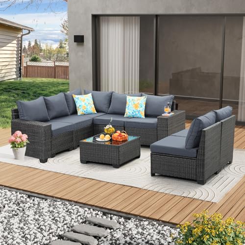 JOYURE 8 Pieces Patio Furniture Set All-Weather Outdoor Wicker Sectional Conversation Sofa Rattan Patio Seating Sofa with Cushion and Glass Table for Porch Poolside,Grey - color: Grey, size: 8 pieces set
