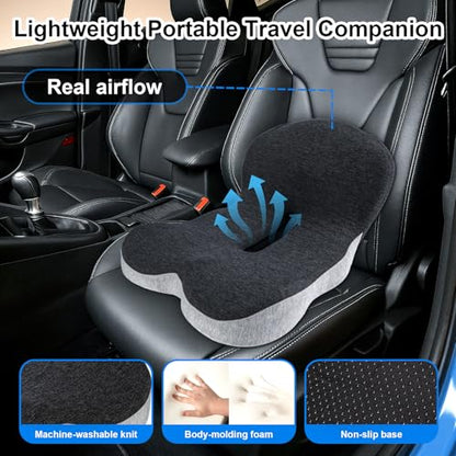 Memory Foam Office Chair Cushion, L-Shaped Integrated Seat Cushions, Chair Seat Cushion for Lower Back Tailbone Protection, Ergonomic SeatCushion with Lumbar Support (Black Gray)