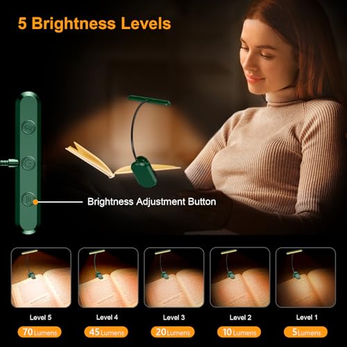 Gritin Rechargeable Book Light for Reading in Bed with 19 LED &Memory Function-Eye Caring 3 Color Temperatures,5 Brightness Levels,90 Hrs Runtime Flexible Goose Neck Clip on Light-Dark Green - color: Dark Green