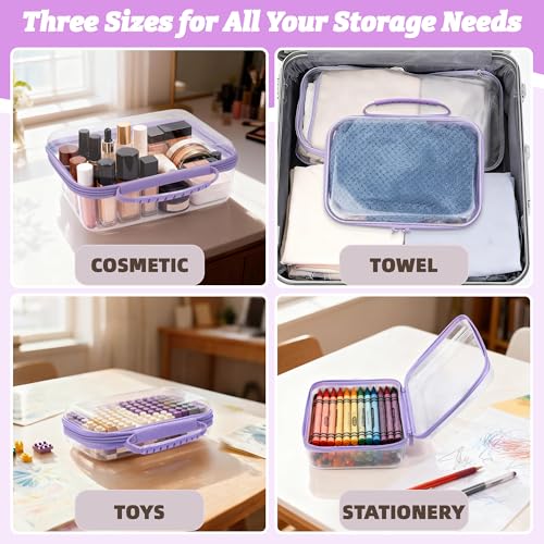3 Pack Clear Hard Shell Zipper Cases with Handle, Waterproof Toiletry Bag for Travel, Diaper Bag Organizer Pouches, Nesting Pouches for Makeup, Toys, Snack Pouches, Stationery (Purple) - color: Purple