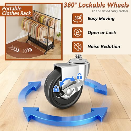 Clothes Rack, Double Rod, 210 LBS, Storage Basket, Black | Rolling Garment Rack with Lockable Wheels for Bedroom, Dorm, Apartment, Laundry Room – Space Saver, Tool-Free Easy Assembly - color: Black
