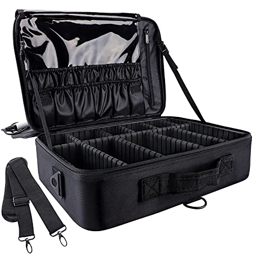 gzcz Large Capacity Travel Makeup Train Case,Professional Cosmetic Bags for Women,Portable Makeup Brush Bag Organizer Storage with Adjustable Dividers and Shoulder Strap - color: Black, size: Large