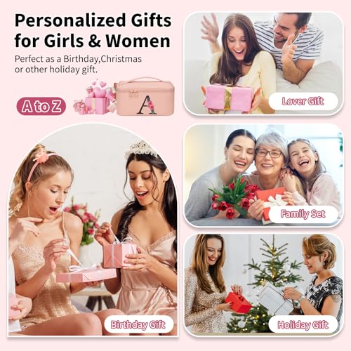 OCHEAL Initial Makeup Bag,Monogram Make up Bag Pink Travel Makeup Organizer Case Beauty Toiletry Cosmetic Bag with Brush Holder, Trendy Stuff Personalized Gifts for Women and Girls-K - color: Pink, style: K