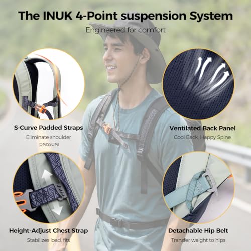 INUK Laptop Backpack for College Students & Work, 25L Lightweight Waterproof Backpack for Business Travel, Hiking Daypack with Padded Sleeve and Safety Whistle, Made from Recycled Materials，Sage Leaf