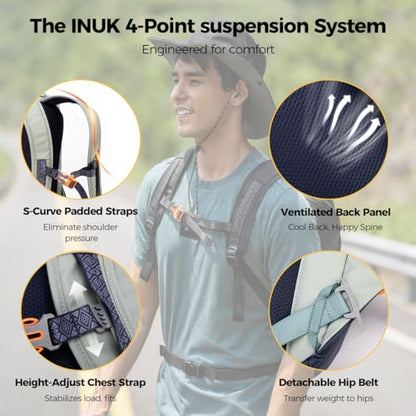 INUK Laptop Backpack for College Students & Work, 25L Lightweight Waterproof Backpack for Business Travel, Hiking Daypack with Padded Sleeve and Safety Whistle, Made from Recycled Materials，Sage Leaf