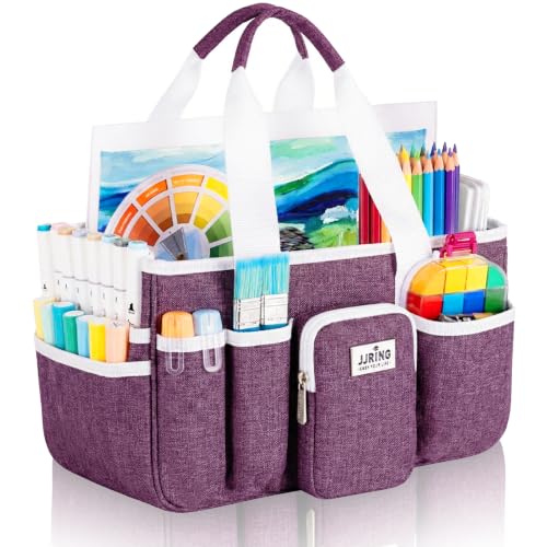 Jjring Craft Organizer Tote Bag, Portable Art Caddy with Adjustable Divider&Secure Zipper Pocket, Large Foldable Storage Tote for Scrapbooking, Sewing, Artist and Home(Deep Purple) - color: Deep Purple, size: Large