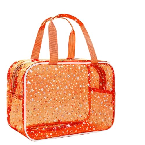 Clear Orange Star Large Makeup Bag with Star Pattern 12x5x8 inch, Travel Cosmetic Bag with Handle, Durable PVC Material Washbag Zipper Opening Design for Makeup Travel Organizer or Gym Use - color: Orange, style: Star