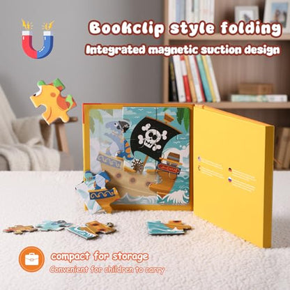 Magnetic Puzzles for Toddlers 3-5 Years, 3 in 1 Vehicle & Adventure Toys with 9/16/25 PCS, Travel Activity for Boys and Girls, Preschool Puzzle Game with Pirate Ship, Digger, Fire Truck - color: Yellow