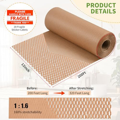 Honeycomb Packing Paper 12" x 200 ft, Premium-Grade Packing Paper for Shipping, Moving & Packaging, Recyclable Eco-Friendly Packing Supplies, Bubble Wrap Alternative with 20 Fragile stickers - size: 12'' x 200 ft