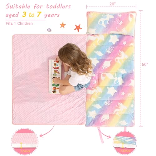 Lasoftan Toddler Nap Mat with Pillow and Blanket, Extra Large Rolled Napping Mats,Slumber Bags for Boys Girls,Kids Sleeping Bag for Daycare, Preschool Travel Camping - color: Glowing Jellyfish