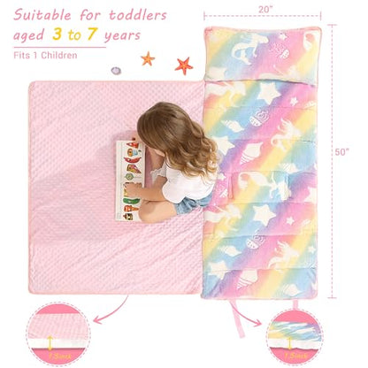 Lasoftan Toddler Nap Mat with Pillow and Blanket, Extra Large Rolled Napping Mats,Slumber Bags for Boys Girls,Kids Sleeping Bag for Daycare, Preschool Travel Camping - color: Glowing Jellyfish