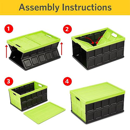 Glad Collapsible Storage Bin with Lid - 48L Foldable Plastic Box for Garage, Car Trunk, and Organization - Stackable Lidded Container with Handles, Green - color: Green