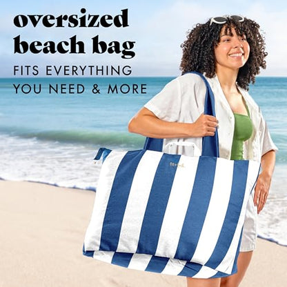 Fit & Fresh XL Beach Tote Bag for Women – XL Travel Tote with Zipper & Pockets, Oversized Canvas Pool Bag, Weekender Carry-On - color: Cobalt Stripe