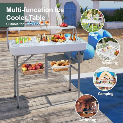 Ice Cooler Table with Drain, Two-Tier Plastic Folding Tables, with Removable Matching Skirt and Shelf, Indoor Outdoor Use for Party Camping Picnic Fishing Cleaning, 440 lbs Capacity - style: Fish cleaning ice table two tier