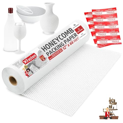 XFasten White Honeycomb Packing Paper for Moving 12-Inch x 66-Feet Bubble Honeycomb Wrap, Honeycomb Wrapping Paper for Packing Cushion with 20 Fragile Stickers Packaging Material - color: White, size: 12-Inch x 66-Feet