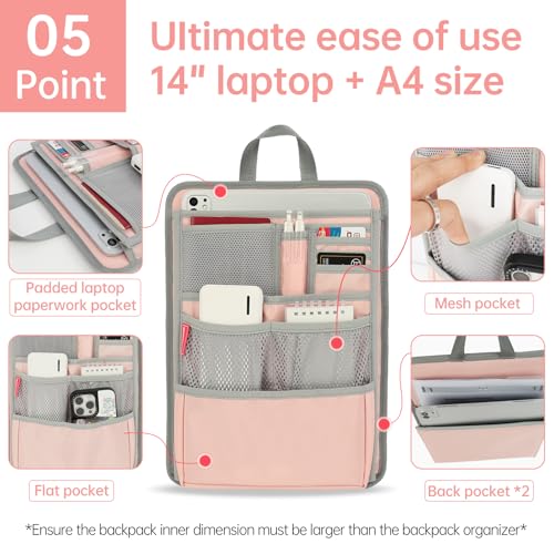 Stiff Backpack Insert Organizer for Men Women Bag In Bag,Water-repellent Nylon 13.7''x10.2''x2''-Pink - color: Pink