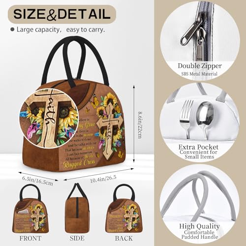 Christian Insulated Lunch Bag Bible Verses Lunch Box for Women Inspirational Spiritual Cross Sunflower Lunchbox Religious Reusable LunchTote Bag for Church Office Work Travel - color: Christian 1