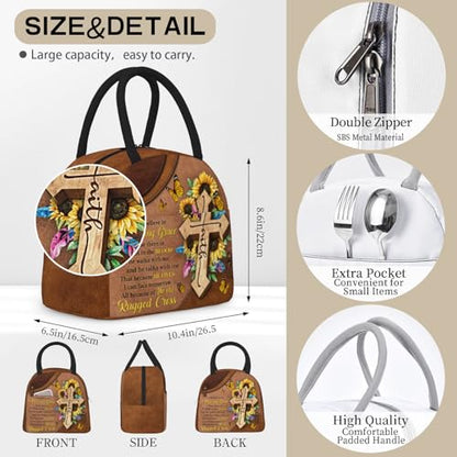 Christian Insulated Lunch Bag Bible Verses Lunch Box for Women Inspirational Spiritual Cross Sunflower Lunchbox Religious Reusable LunchTote Bag for Church Office Work Travel - color: Christian 1