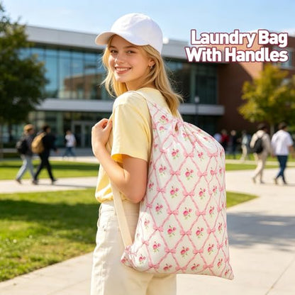 Laundry Bag, Dirty Backpack Laundry Bag For College Travel Laundromat Apartment, With Handles 29" X 18" (Rose Bow) - color: Rose Bow