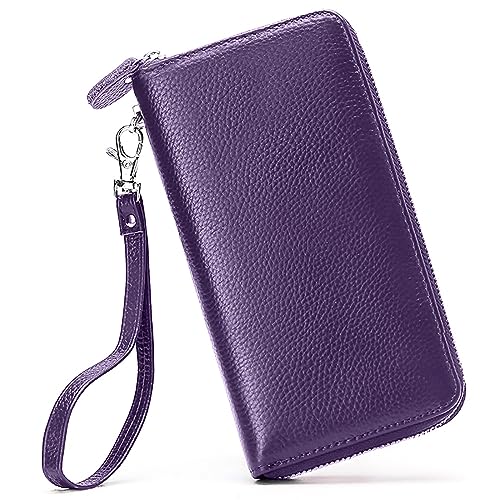 Moflycom Womens Wallet RFID Blocking Genuine Leather Zip Around Wallet Clutch Wristlet Travel Long Purse for Women - color: Deep Purple