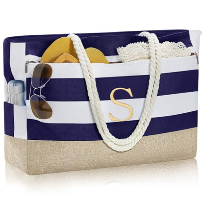 YOOLIFE Large Initial Beach Bag Waterproof Tote Zipper Bag Personalized Gifts for Women Her Birthday Travel Beach Essential - color: Dark Blue, style: S