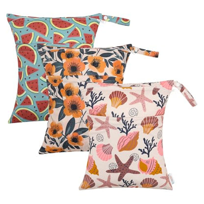 ALVABABY 3pcs Cloth Diaper Wet Dry Bags Waterproof Reusable with Two Zippered Pockets Travel Beach Pool Daycare Soiled Baby Items Yoga Gym Bag for Swimsuits or Wet Clothes 3L-ZM17A - color: Pear flower starfish watermelon