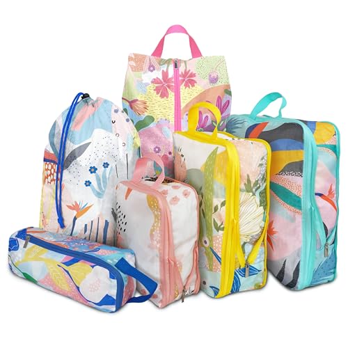 6 Pcs Compression Packing Cubes, Packing Cubes for Travel, Waterproof Luggage Organizer Bags Set, Cute Packaging Cubes for Women Kids Backpack Carry-Ons - color: Abstract Flowers, size: 6 Set