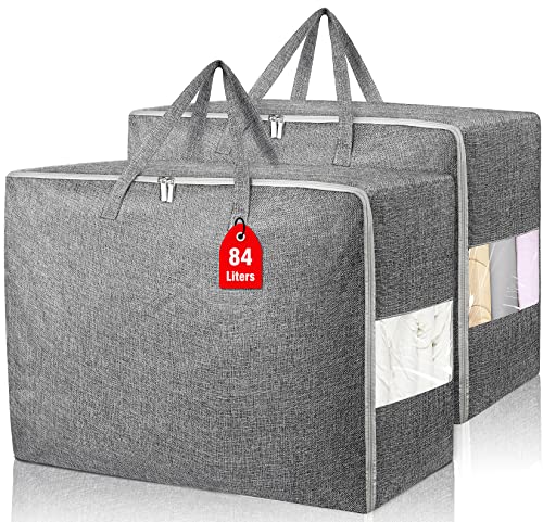 84L Extra Large Storage Bags, Folding Moving Comforter Blanket Storage Bags Closet Organizers and Storage Containers for Clothes with Strong Handles&Zippers Clear Window for Bedding Pillow Grey 2Pack - color: Grey, size: 84L x 2