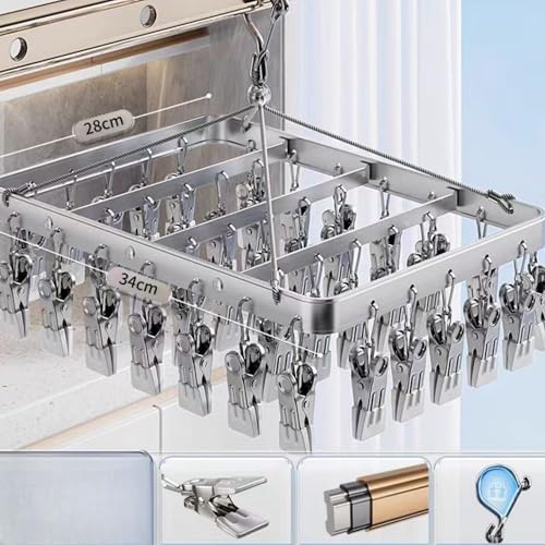 Pants Hanger Clothes Drying Racks Clip Hangers Metal with 36 Clips Windproof Hook Underwear Hanger Foldable Laundry Clip for Socks Bras (Silver) - color: Silver