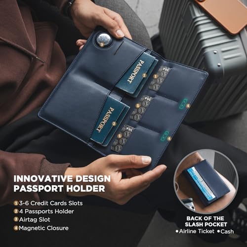 VULKIT Family Passport Holder for 4 Leather Passport Wallet with Airtag Slot Multiple Passport Holder RFID Blocking Bifold Travel Documents Organizer - color: Navy