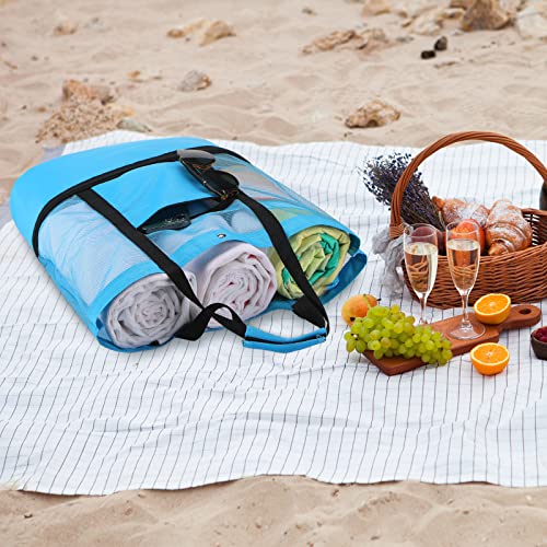 Oudain 3 Pcs Beach Bag with Cooler Mesh Beach Tote with Insulated Cooler and Pocket Waterproof Sandproof Beach Tote Bag Swim Pool Bag for Women Summer (Black, Blue and Green)