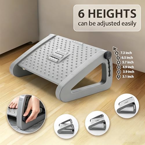 CasaZenith Foot Rest, Six Heights Adjustable Foot Rest for Under Desk at Work, Ergonomic Foots Stool for Under Office Desks, Under Desk Footrest with Foot Massage Roller, Chair Footrest - Gray - color: Gray