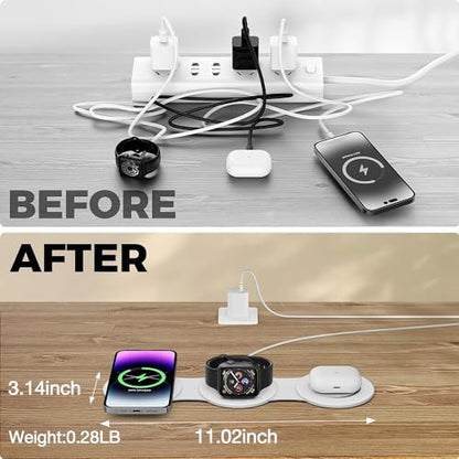 Hicober 3 in 1 Wireless Charging Station for iPhone 15, Magnetic Foldable Travel Charger Station Stand 18W for iPhone Air 17 16 15 14 13 12 Pro/Max/Plus/Apple Watch All Series & Airpods - color: B-White