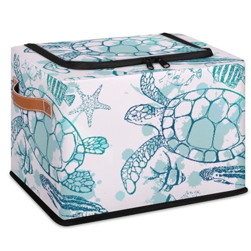 Sea Turtle Ocean Storage Bins With Zipper Lid, Collapsible Trunk Organizer, Car Organizers and Storage Bins with Lids, Decorative Storage Boxes with Handle, Home Storage Baskets for Organizing - color: Sea Turtle Ocean