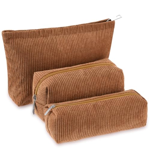 Huhumy 3 Pcs Makeup Bag Set for Women Corduroy Cosmetic Pouch Aesthetic Smile Travel Toiletry Bag Cute Purse Pouch Pencil Case Makeup Brushes Storage Organizer with Zipper(Brown,Solid Style) - color: Brown, style: Solid Style