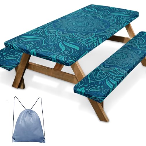 Picnic Table Cover with Bench Covers Elastic Edges, Boho Teal Camper Fitted Table Cover, Outdoor Camping Essentials 72 Inch 3PCS, Waterproof Camping Fitted Tablecloth with Drawstring Bag - color: Boho Teal, size: 72in