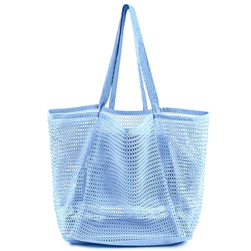 HOHOM Beach Bags for Women, Summer Travel Mesh Tote Bag with Large Inner Pocket, Sandproof Woven Shoulder Handbag - color: Harbor Blue
