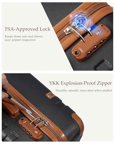 LONG VACATION Carry On Luggage Set 3 Piece, 20 Inch ABS+PC Hardshell Carry on Suitcase with Spinner Wheels TSA Lock & YKK Zipper - color: Black Brown, size: 3 Piece Set (20 Inch)