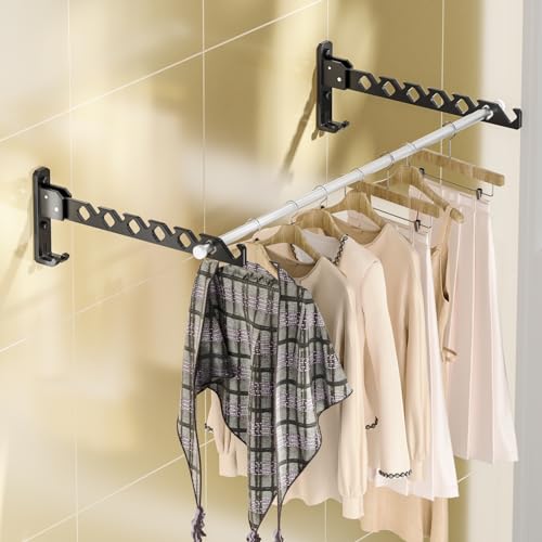 Dr.DJ Wall Mount Coat Hanger Holder Black Clothes Drying Organizer Rack Garment Hooks Aluminium Retractable Folding Indoor Wall Mounted Hanger for Laundry Room Bedroom Black 2Pack with 80cm Rod - color: Black 2Racks+Rod