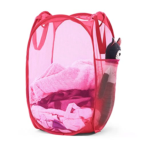 TECHMILLY Collapsible Mesh Pop Up Laundry Hamper with Sturdy Handles and Side Pocket - Portable Foldable Clothes Baskets for Dorm, Bathroom & Travel Storage (Pink) - color: Pink, size: 1 Pack