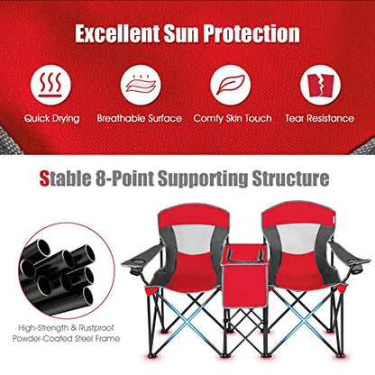 S AFSTAR Double Camping Chair w/Shade Canopy, 2-Person Folding Camp and Beach Chair with Mini Table Beverage Cup Holder Carrying Bag, Collapsible Camping Chairs for Garden Patio Pool Beach - color: Red