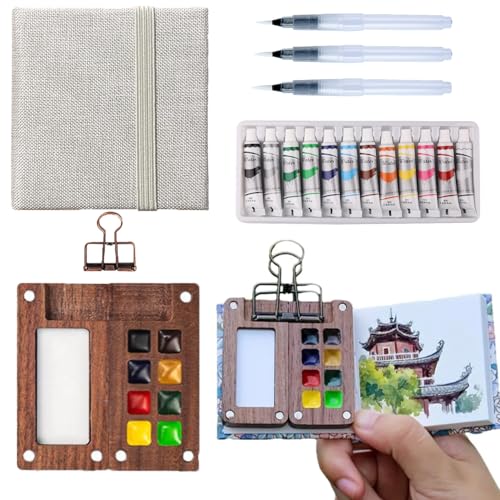 Aimery Mini Watercolor Paint Travel Set, Portable Pocket Size Water Color Painting Kit with Wooden Palette, Refillable Brush & Sketchbook(Grey) – Gift for Birthdays, Beginners, Art Lovers - style: Grey