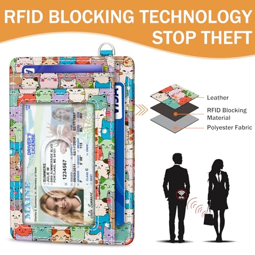 Yonlevres Cat Credit Card Holder Slim Wallet, RFID Wallet Women Front Pocket Small Card Holder, Travel Cute Funny Thin ID Window PU Leather RFID Blocking Case Organizer Gift Girls Ladies - color: Cat