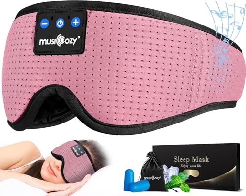 MUSICOZY Sleep Headphones, Bluetooth 5.4 Sleep Mask Headband Headphones Sleeping Eye Mask, Wireless Music Earbuds Earphones with HD Stereo Speakers for Side Sleepers, Cool Gadgets Unique Gift - color: Light Pink