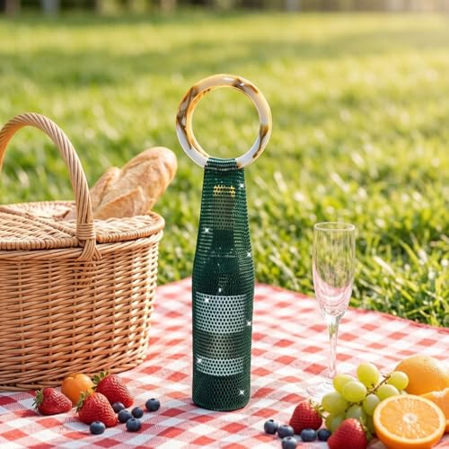 Wine Pouch Mesh Bag, Resin Handle Wine Bag, Sparkly Rhinestone Handwoven Mesh Bags, Party Water Bottle Bags Accessory, Daily Housewarming Party Use - color: Green
