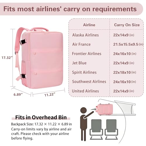 Carry On Backpack for Women & Men – Airline Approved Underseat Size, 15.6" Laptop Compartment, TSA-Friendly 180° Opening, Anti-Theft Business Travel Backpack with Trolley Sleeve(Pink, Medium) - color: Pink, size: Medium