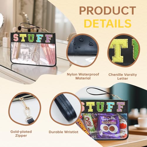 Chenille Letter Clear Zipper Pouch for Travel Preppy Stuff Bag Aesthetic Storage Organizer Pouches for Women with Glitter Patch Letters (Black-Stuff) - color: HS-STUFF
