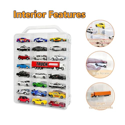Double-Sided 1:64 Scale Toy Car Storage Case, 48-Slot Clear Organizer with Handle, Transparent Display & Storage Box Compatible with Most Die-Cast Model Cars (Case Only)