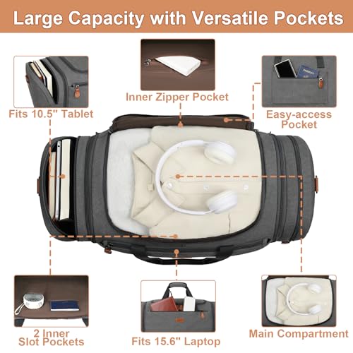 Canvas Mens Duffle Bag for Travel - Expandable 50L Weekender Bags with Toiletry Bag, Overnight Bag Travel Duffel Carry On Luggage with Removable Shoulder Strap, Durable & Water-Resistant - color: 3-Grey
