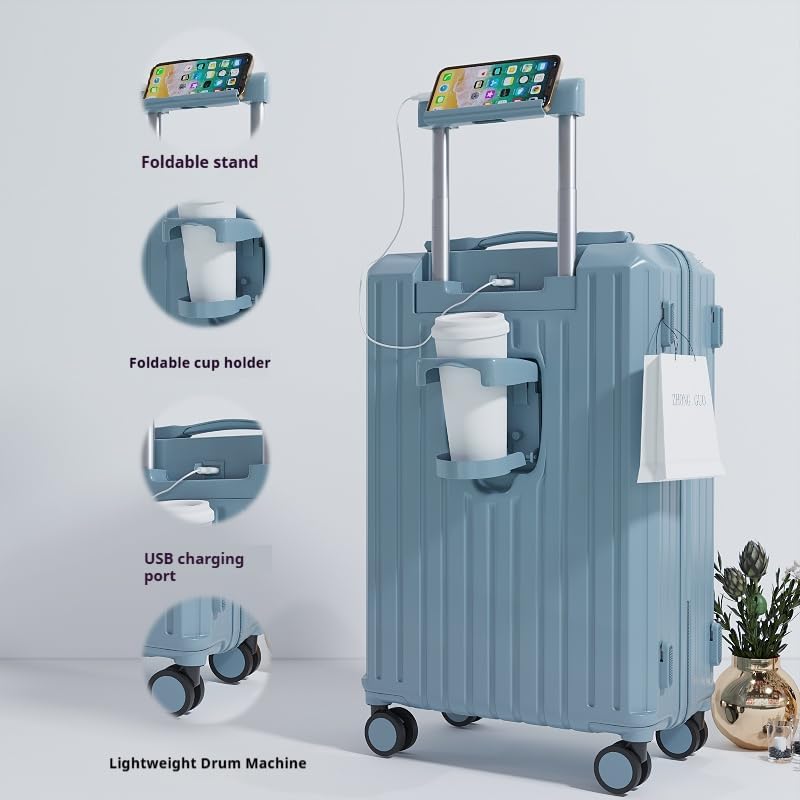 Carry-on Luggage with Cup Holder & USB Charging Port, Hard Side Luggage with Spinner Wheels, Lightweight Luggage for Travel, Business, School (Lake Blue, Carry-On 20-Inch) - color: Lake Blue